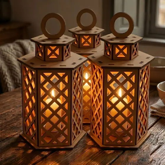 Kit 3 Luminárias Para Velas De Madeira Luminaria Marroquina De Mesa Porta velas em MDF