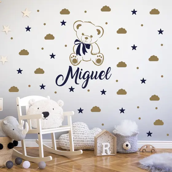 Adesivo de parede infantil urso nuvens e estrelas ursinho quarto menino decoração