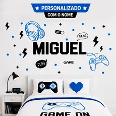 Adesivo de Parede Gamer Game Personalizado com Nome Controle Fone Quarto Menino