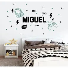 Adesivo de Parede Infantil Vídeo Game, Gamer, Controle, Fone com Nome Personalizado Decoração