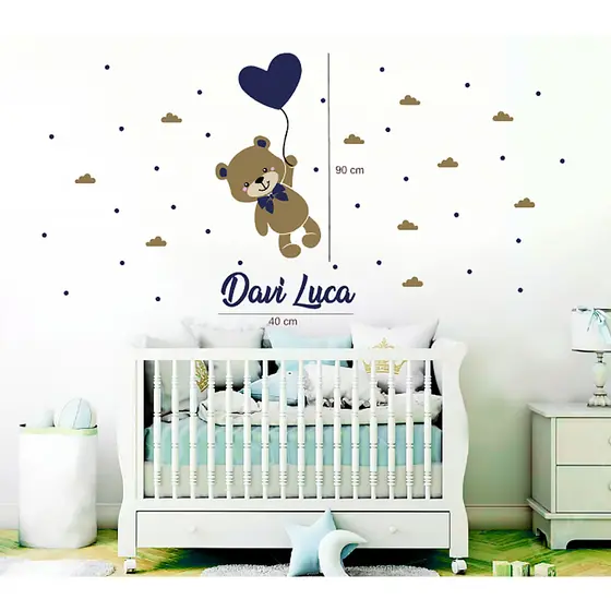 Adesivo de parede infantil urso, balão, nuvens com nome personalizado, quarto de menino decoração
