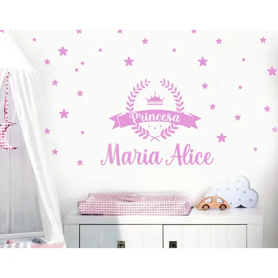 Kit Adesivo de parede infantil princesa, coroa  com nome personalizado quarto menina decoração