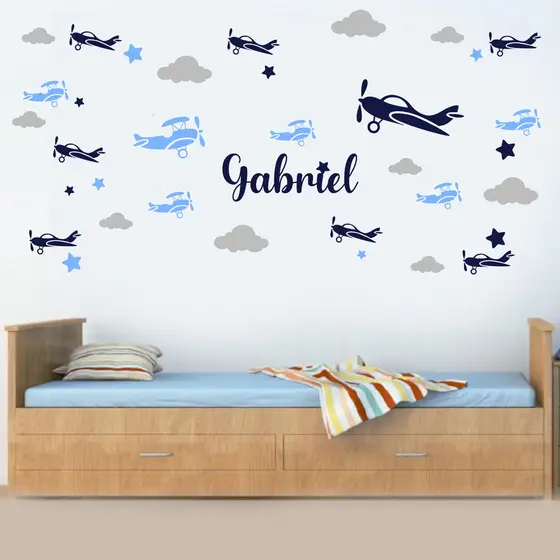 Adesivo de parede infantil avião - aviões - nuvens - estrelas