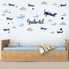 Adesivo de parede infantil avião - aviões - nuvens - estrelas