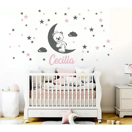 Adesivo de parede infantil urso, lua, estrelas com nome personalizado menina menino quarto decoração