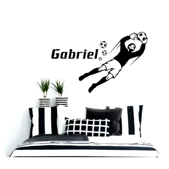 Adesivo de parede jogador, goleiro, bola com nome personalizado quarto menino decoração