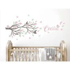 Adesivo de parede infantil floral, galho, passarinho, borboleta, flor decoração quarto menina