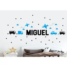 Adesivo de parede infantil caminhão avião carrinho ônibus nome personalizado decoração quarto menino