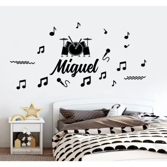 Adesivo de parede infantil música bateria microfone nota musical nome personalizado quarto menino