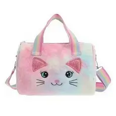 Bolsa Infantil de Pelúcia Feminina Gatinho Rosa e Colorida com Alça Ombro Meninas