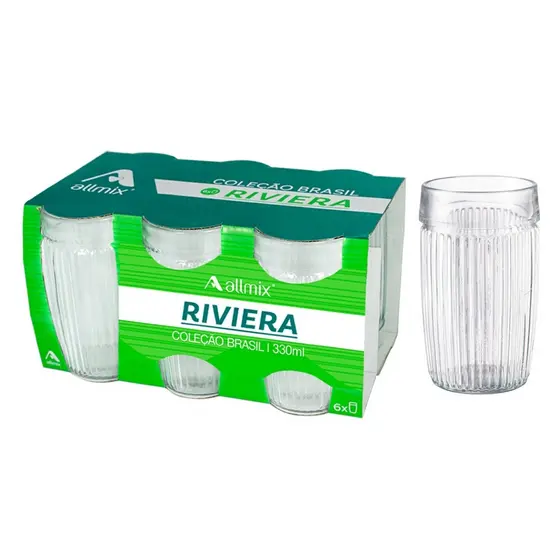 Jogo de copo de vidro Riviera transparente com 6 peças 330ml para cozinha água suco kit conjunto copos transparentes