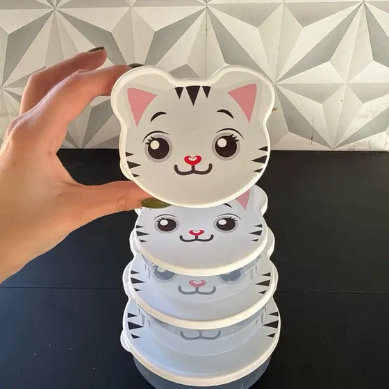 Jogo de pote de plástico gatinho com 4 peças para alimentos de geladeira kit conjunto potes plásticos rosa branco fofo