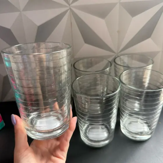 Jogo de copo de vidro grande 430ml resistente com 6 peças decorado listras transparente para cozinha suco kit copos