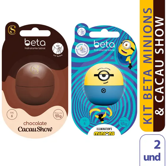 Kit 2 Hidratantes Labiais Beta – Edição Especial Cacau Show e Minions (FPS 6)