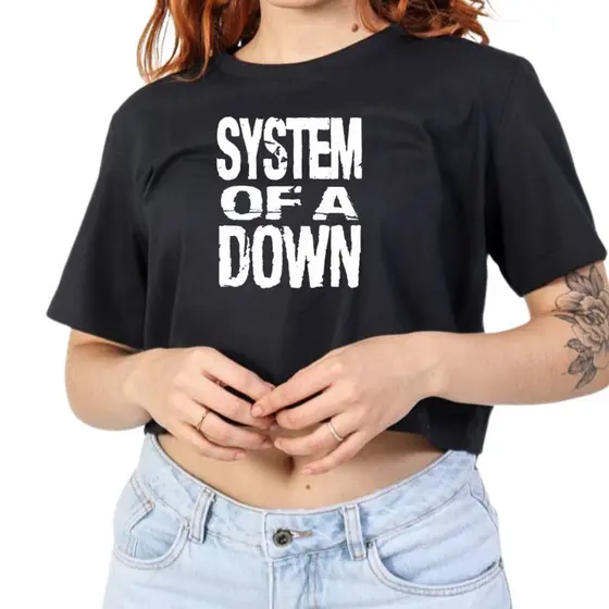 Cropped Camiseta T-shirt Estampa System of a Down Algodão Para Fã Tour 2025