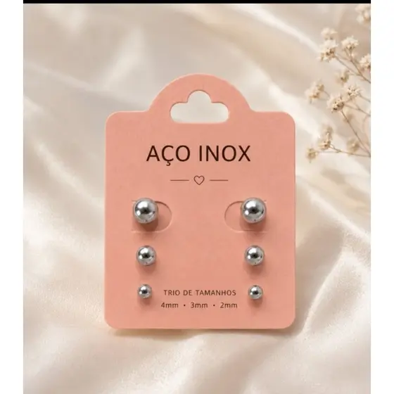 Trio Brinco Bolinha Dourado Aço Inox Banhado a Ouro Feminino