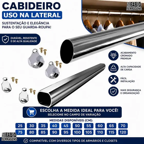 Tubo Cabideiro Personalizado Cromado Completo Para Guarda Roupa / Closet - Fabio Ferragens