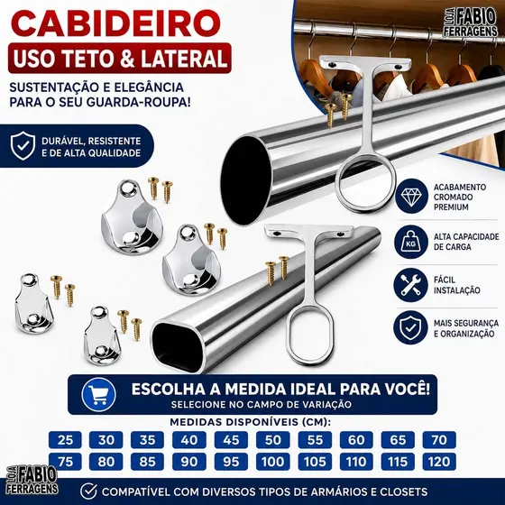 Tubo Para Cabide Lateral E Teto Personalizado Cromado Completo Guarda Roupa Closet