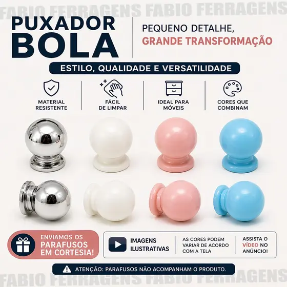 Puxador Armário Bola Porta Gaveta Branco Cromado Azul Rosa