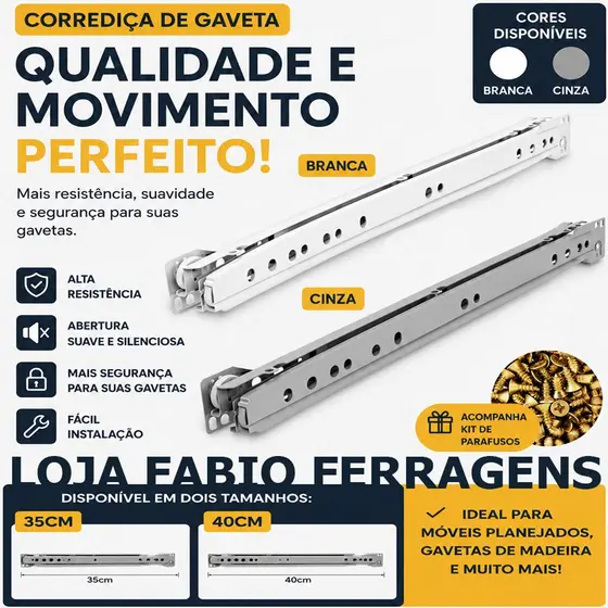 Corrediça Trilho Para Gaveta Cinza Branca 35cm 40cm - 25kg Com Parafusos