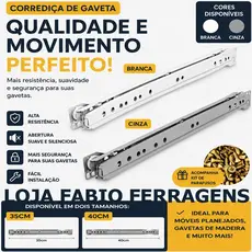 Corrediça Trilho Para Gaveta Cinza Branca 35cm 40cm - 25kg Com Parafusos