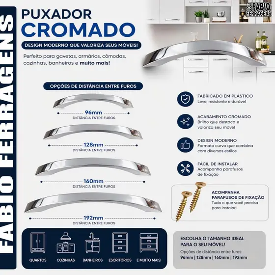 Puxador Para Armario Itatiaia Cozinha Sala Quarto Porta Gaveta De 96 128 160 192mm Cromado