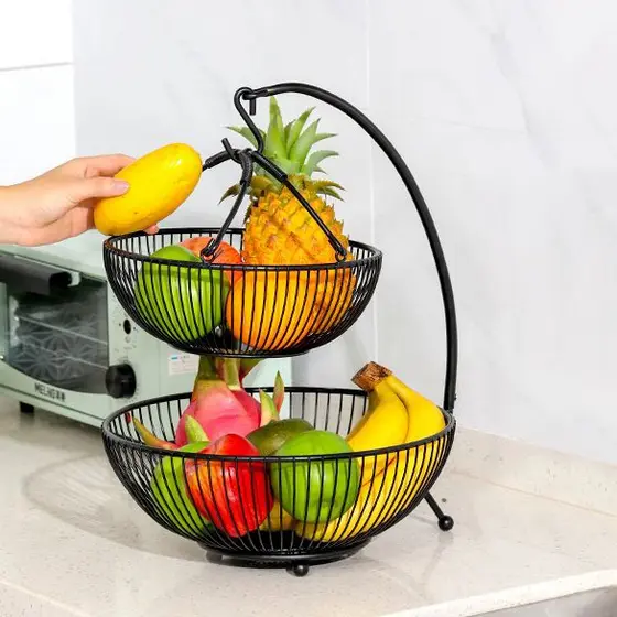 Fruteira De Mesa Bancada Balcao 2 Cestos Dupla C/ Gancho