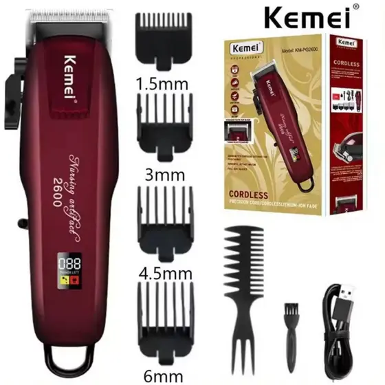 Máquina de Cortar Cabelo Kemei Profissional Sem Fio PG-2600 Original Visor LCD - Bivolt