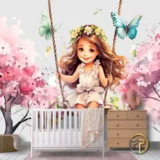 Papel de Parede Adesivo decoração quarto Infantil Fácil Aplicação e Sem Cola Menina Linda no Balanço