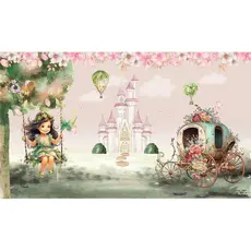 Papel de Parede Adesivo 3D Infantil – Fácil Aplicação e Sem Cola Menina Linda no Balanço com castelo e carro cinderela