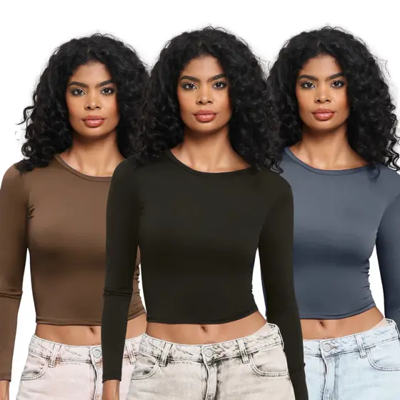 KIT 3: Blusa Feminina de Manga Longa - Meia Esta莽茫o de Compress茫o Colada