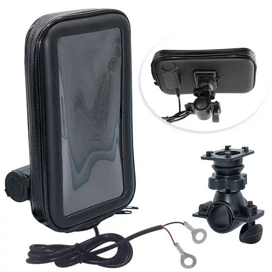 Suporte de Celular para Moto à Prova d'Água Case Couro com Zíper Carregador USB Impermeável