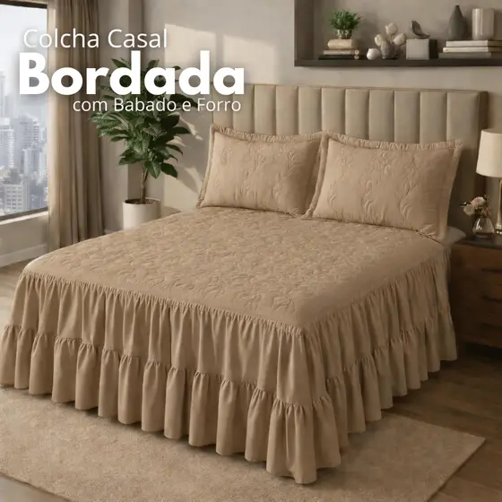 Colcha Casal 2,50x2,40 Bordada Com Babado e Forro + 2 Porta Travesseiros 70x50