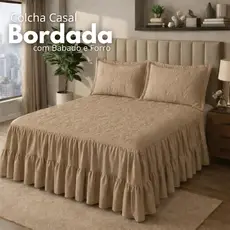 Colcha Casal 2,50x2,40 Bordada Com Babado e Forro + 2 Porta Travesseiros 70x50