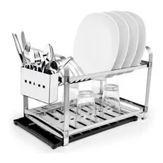Escorredor Inox 16 Pratos Porta Talher Inox Bandeja Coletora Preta