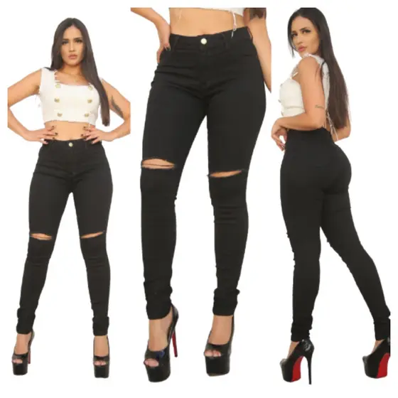Calça Jeans Feminina Preta Rasgada no Joelho