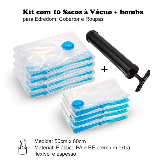 Kit 10 Sacos a Vácuo Organizador + Bomba
