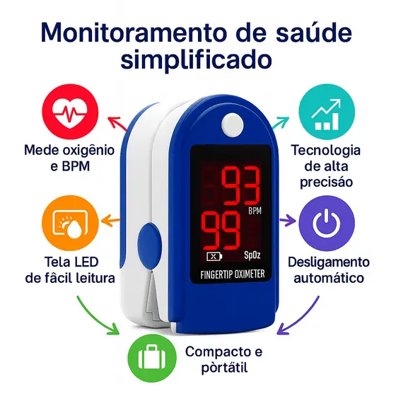 Oxímetro de Dedo Digital Medidor de Oxigênio no Sangue SpO2 e Frequência Cardíaca