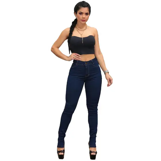 Calça Jeans Feminina Escura Cintura Alta Skinny Com Lycra