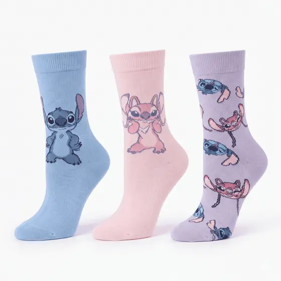 Kit 3 Pares Meia Infantil Menina Feminina Cano Alto Adulto Geek Capivara Personagem Divertida Stitch Rosa