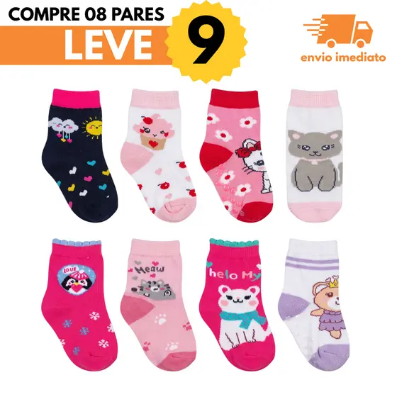 Kit 8 Pares Meia Bebê Infantil Primeiros Passos Menina Antiderrapante Premium Algodão