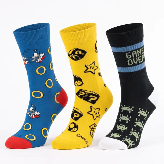 Kit Meia 3 Pares Personagem Estampada Divertida  e Engraçada Cano Médio Personagem Sonic Mario Bros Game Over Video Game
