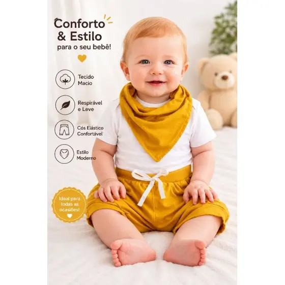 Conjunto Bebê 3 Peças Body Shorts Bandana