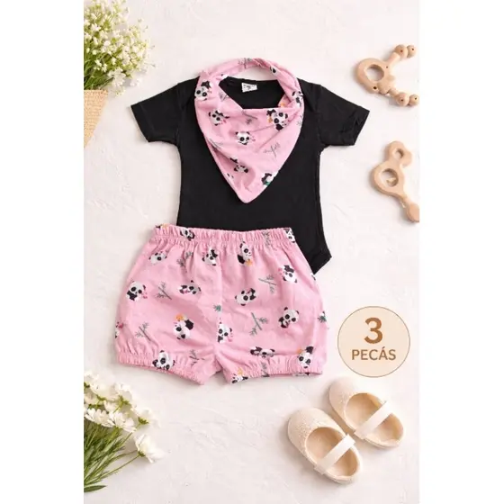 Conjunto Bebê Bandana Body Shorts Menina Panda