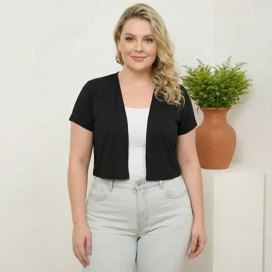Cardigan Cropped Manga Curta Plus Size Malha Viscolycra