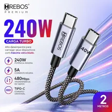 Cabo 240W Tipo C (USB-C) 2 Metros Turbo de Alta Performance Corrente 5A 480Mbps