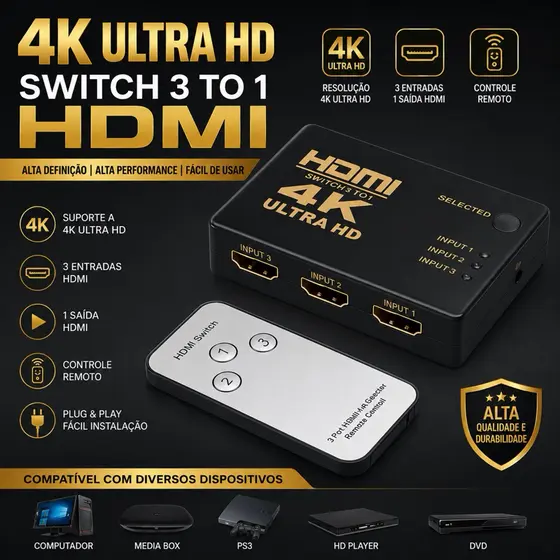 Chaveador Adaptador Switch 3 HDMI 4K UHD com Controle Remoto Divisor Splitter