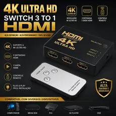 Chaveador Adaptador Switch 3 HDMI 4K UHD com Controle Remoto Divisor Splitter