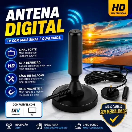 Antena Digital HDTV Interna e Externa 360° À Prova D’Água Base Magnética 5m Cabo Compatível TV e Conversor