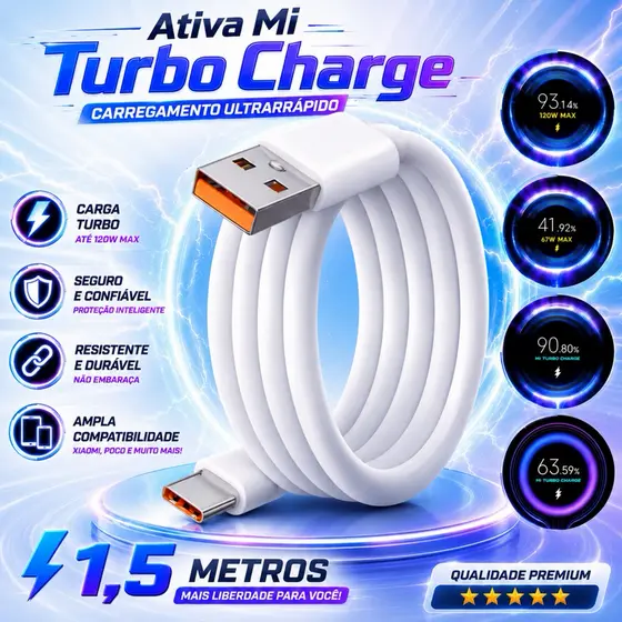 Cabo Turbo Ativa Mi Turbo Charge 1.5 Metros USB Tipo C 30W/33W/55W/67W/120W